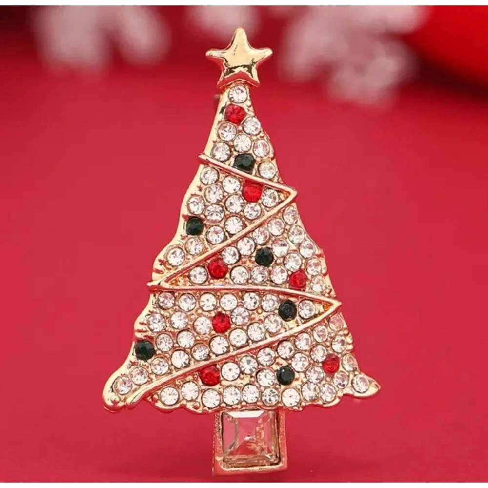Christmas Tree Brooch‎ Pin Gold Tone Rhinestone Holiday Xmas Jewelry